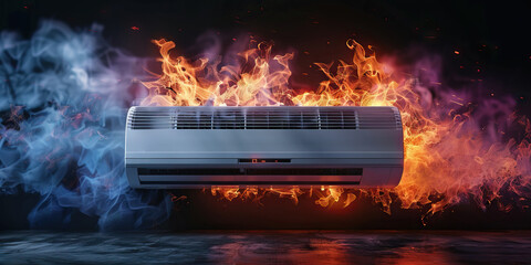 An air conditioner bursts into flames in an empty space, a 3D rendered concept of danger and destruction - obrazy, fototapety, plakaty