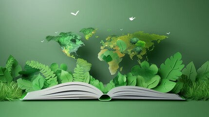 Open book with green world made in paper style, Green world in cute style, environment preservation...