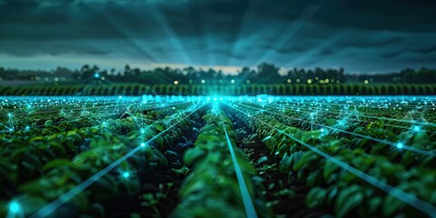 Futuristic farm with integrated technology, data streams enhance precision agriculture at dusk