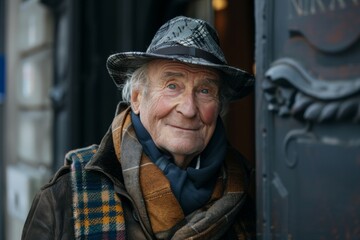 Fototapeta premium Elderly man smiling at camera. A close-up portrait of an elderly, man with a warm smile, wearing fashionable clothes.