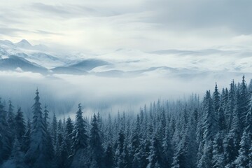 a snowy forest with mountains in the background