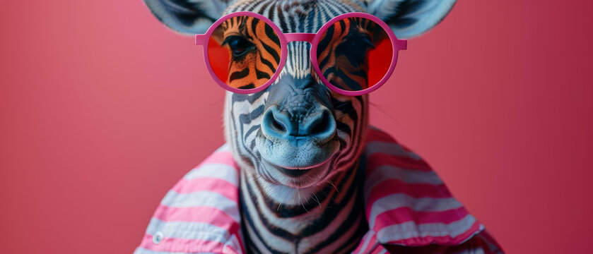 This striking image captures a sassy zebra wearing striped clothes and sunglasses that reflect the wild, on a pink backdrop