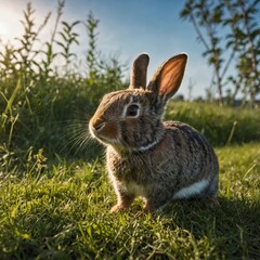 Fototapeta premium One sunny morning, Kiki the little rabbit ran happily in the meadow. His nimble legs made him jump up and down excitedly. In the middle of his journey, Kiki met Kuro the turtle who was walking slowly.