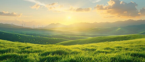 Fototapeta premium Lush green rolling hills bathed in warm sunlight, with distant wind turbines energizing the future