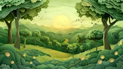 Gartenposter Paper-cut style trees and forest scene illustrations, green natural landscape solar terms illustrations  © midart