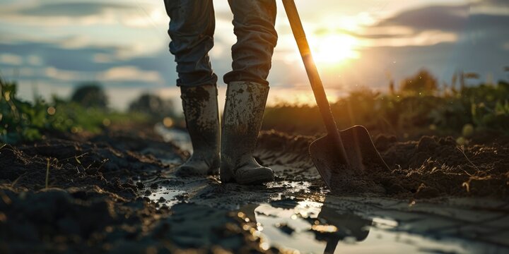Fototapeta A person standing in a muddy field with a shovel, suitable for construction or farming themes