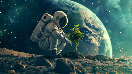 An astronaut planting a tree on a distant planet, representing the universal importance of Earth Day, earth day concept, generative ai - obrazy, fototapety, plakaty
