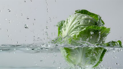 Cabbage Drop into Clear Water on a White Background