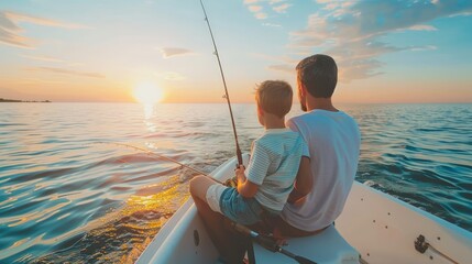 Happy family fishing on boat in summertime. Father teaches son fishing. Back view. Photo for blog about family travel