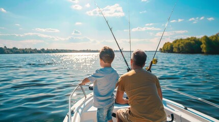 Happy family fishing on boat in summertime. Father teaches son fishing. Back view. Photo for blog about family travel