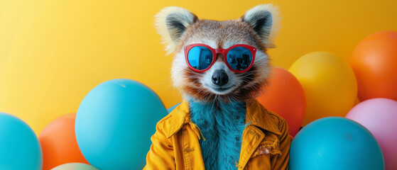 Naklejka premium A stylish raccoon in a denim jacket and red sunglasses stands out among a backdrop of colorful balloons