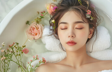 Obraz na płótnie Canvas beautiful korean woman lying down on a white towel at a spa with her eyes closed and flowers around her