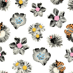 Wild flowers halftone collage seamless pattern with doodle stamens and butterfly. Grunge cut out shapes, vintage dotted summer print. Trendy modern retro illustration on transparent background - obrazy, fototapety, plakaty