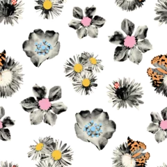 Fotobehang Wild flowers halftone collage seamless pattern with doodle stamens and butterfly. Grunge cut out shapes, vintage dotted summer print. Trendy modern retro illustration on transparent background © ugguggu