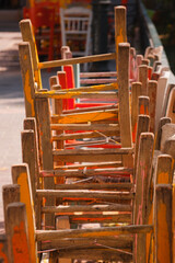 Old chairs upside down. 