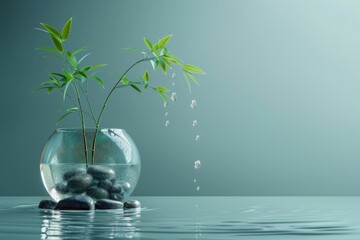 Small green bamboo grows in the water and there is some stones at bottom - Background color is light blue green gradient created with Generative AI Technology