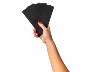  Female hand holding black cards isolated on transparent background with clipping path.
