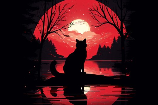 a cat sitting on a rock in front of a red moon