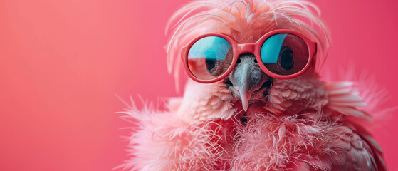 A pink cockatoo with heart-shaped sunglasses presents innocence and playfulness against a pink backdrop - obrazy, fototapety, plakaty