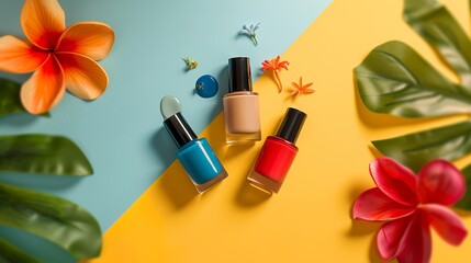 three edgy coloured nail polishes in charming little bottles with a fun coloured background - obrazy, fototapety, plakaty