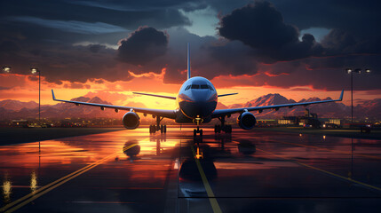 Sunset, airport, plane ready to take off, flashing lights, distant peaks,beauty. For posters, covers, travel, landscapes