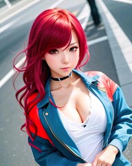 A beautiful red-haired girl stands on the pedestrian street.