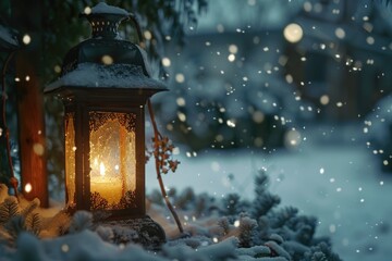 A lantern glowing in the snowy landscape, perfect for winter themes