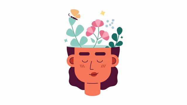 Think positively 2D animation. Relaxed woman with spring garden and butterfly in head 4K video motion graphic. Effective self improvement color animated cartoon flat concept, white background