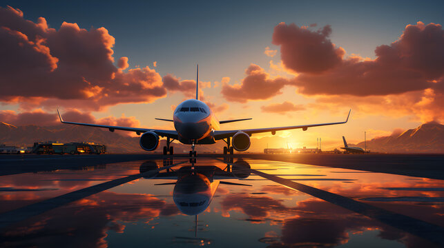 Sunset, airport, plane ready to take off, flashing lights, distant peaks,beauty. For posters, covers, travel, landscapes