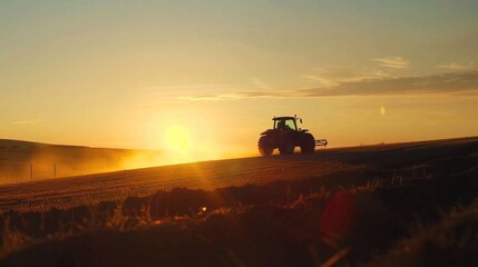 Fototapeta premium A tractor is driving through a field at sunset