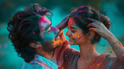 Man putting colour on a woman's face during holi celebration