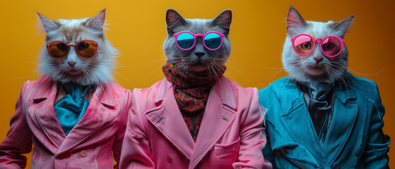 Trio of characters with cat heads wearing colorful suits against an orange background represents creativity and surrealism