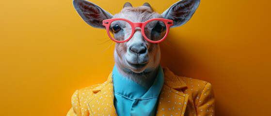 A giraffe stands out in a tailored yellow suit against a solid orange backdrop, exuding confidence and style