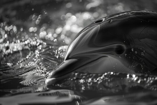 A black and white photo of a dolphin swimming in the water