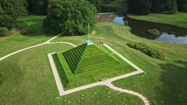 Aerial drone view of Landpyramide Branitzer Park in Cottbus , Germany