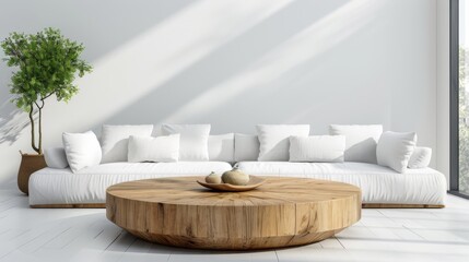 Round wood coffee table against white sofa. Scandinavian home interior design of modern living room