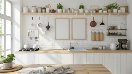 photography in cottage house kitchen, two small vertical, blank white canvas with slim,wooden frame on shelf, white wall in kitchen - obrazy, fototapety, plakaty