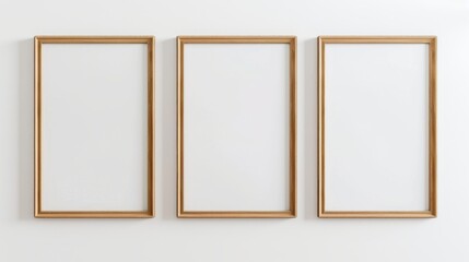 Mockup or template of three vertical pictures with wooden frames hanging on a wall