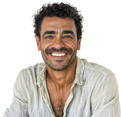Portrait of a smiling Mediterranean man with olive skin and wearing a linen shirt