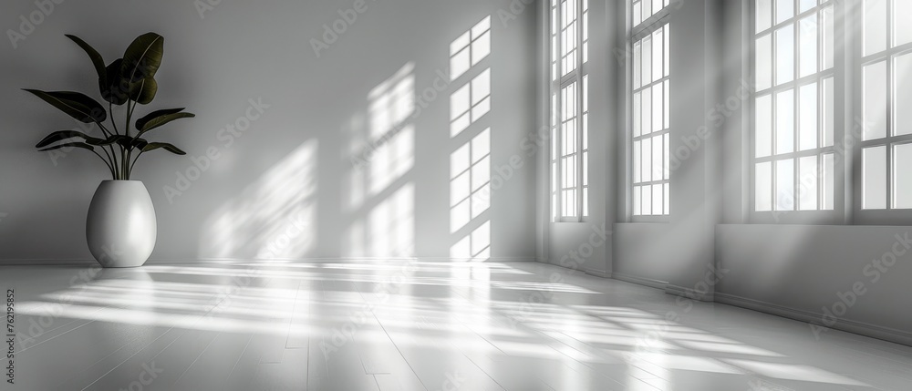 Aufkleber This is a mock-up of a white empty room with wood laminate flooring with sunlight casting a shadow on the wall. This is the perspective of minimalist interior design.