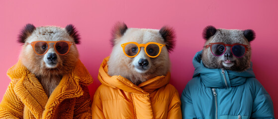 Three Bears friends in stylish winter jackets posing side by side against a uniform pink wall, oozing coolness