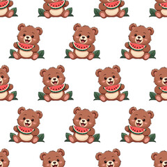 Summer baby pattern. Cute bear with watermelon
