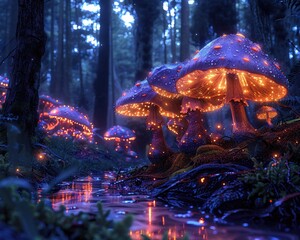 Bioluminescent fungi, fantasy forest under moonlight, birds-eye perspective
