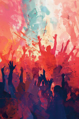 Watercolor illustration of a Happy crowd people rising up. Generative Ai. Concert, festival, music and party concept.