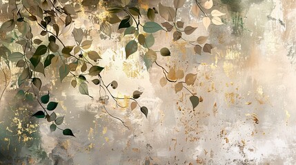 Oil on canvas. Vintage, retro, nostalgic, golden brushstrokes. Textured background. Floral leaves, green, gray, wallpaper, poster, card, mural, carpet, hanging, print. - obrazy, fototapety, plakaty