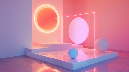 Minimal neon shapes installation, soft light, clean background, front view