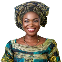 Fototapeten Portrait of a smiling Nigerian woman with intricate gele headwrap and traditional attire, isolated on a white background. © Flowal93