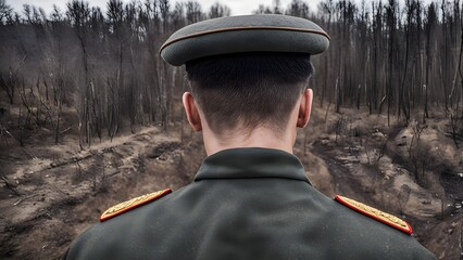 photo from back of russian soldier - obrazy, fototapety, plakaty