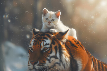 A white cat riding on bengal tiger back in the snow - obrazy, fototapety, plakaty