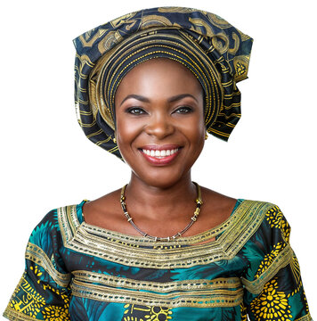 Portrait of a smiling Nigerian woman with intricate gele headwrap and traditional attire, isolated on a white background.
